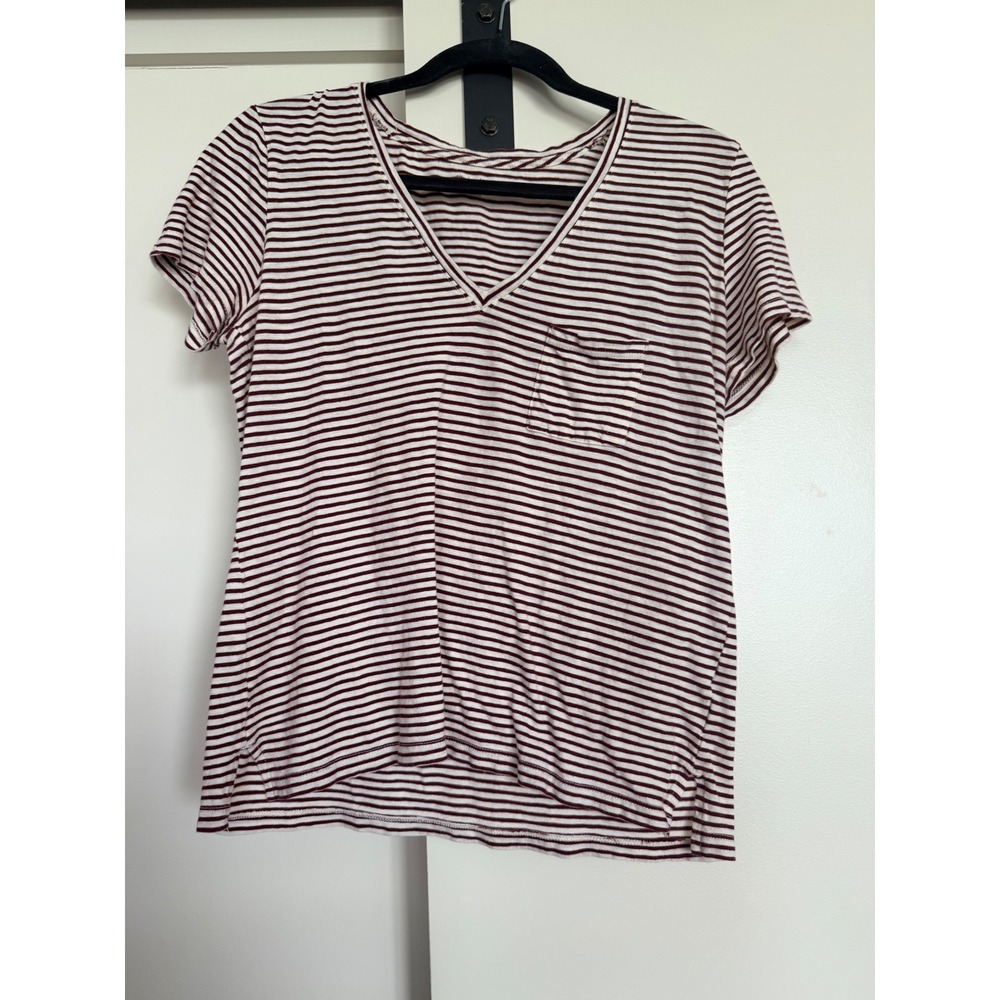 Madewell Whisper Cotton V-Neck Pocket Tee Burgundy White Striped Short Sleeve S - Picture 3 of 5
